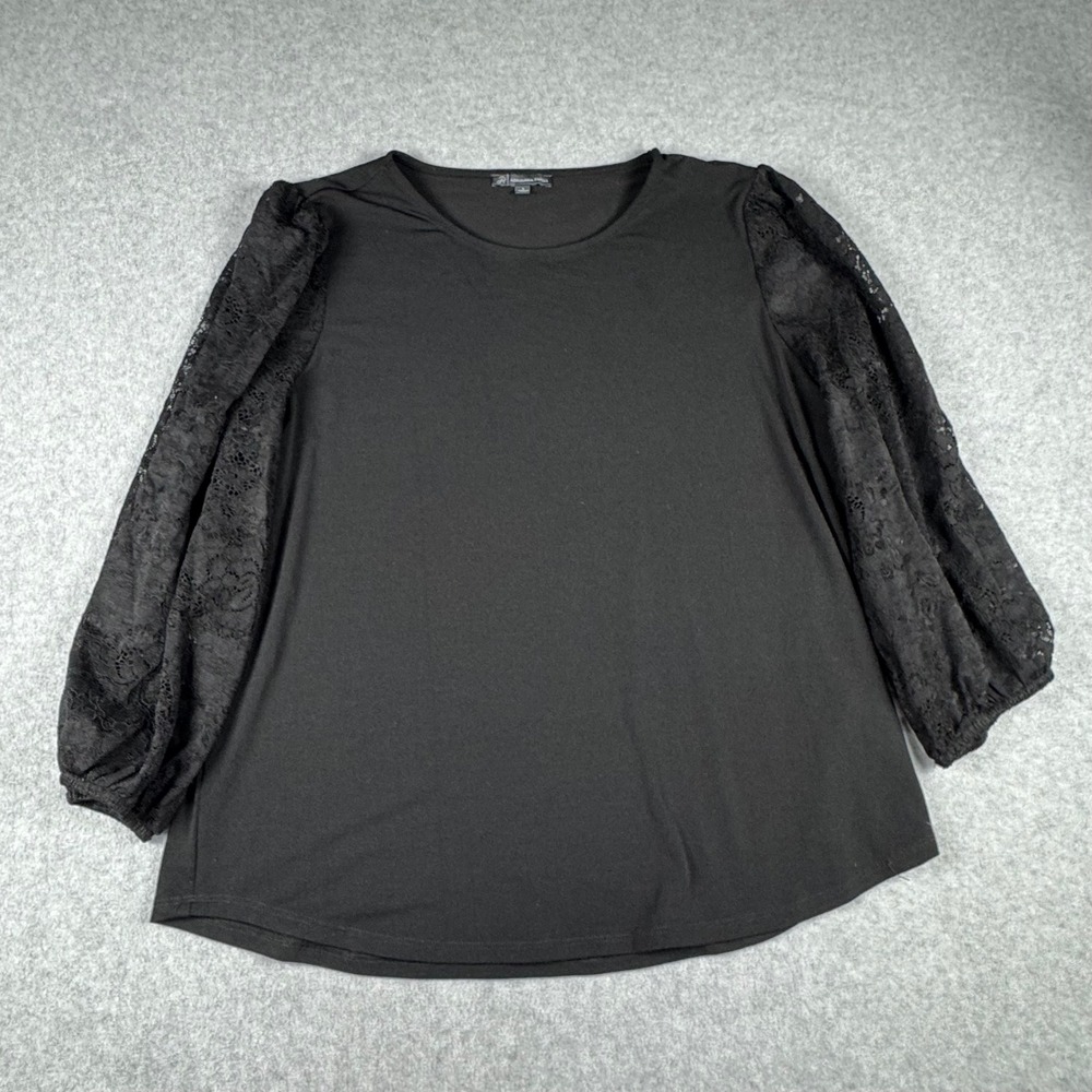 Adrianna Papell Womens Black Lace Balloon Sleeve Knit Blouse Large AD1S301147